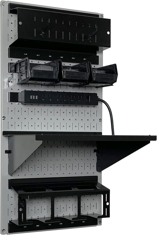 Wall Control Power Tool Storage Organizer Kit Cordless Drill Holder Charging Station Rack 16” x 32” Metal Pegboard Organization System (Grey Pegboard)
