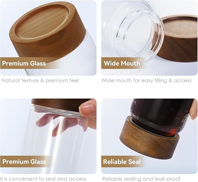 6-Pack 10 oz Airtight Food-Grade Glass Mason Jars with Acacia Wood Lids - Sealable, Waterproof & Stackable Canister Set for Overnight Oats, Dry Goods, Baking Supplies & Pantry Organization
