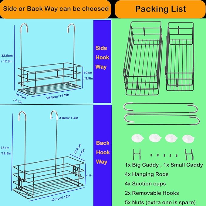 Seltomer 2pcs Single-Layer Shower Caddy Hanging Shower Orangizer Stainless Steel Shower Rack with Hooks Over The Door, Shampoo Basket Storage (Black)