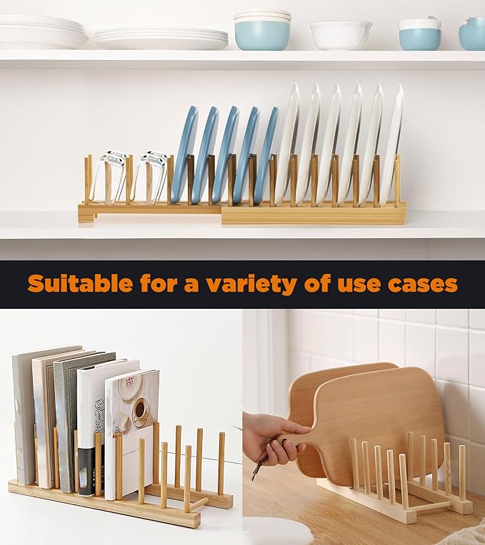 BusyePa Dish Rack, Flexible Bamboo Dish Drying Rack Pot Lid Plate Stand Holder Adjustable Vertical Organizer Storage for Kitchen Cabinet Dish, Pot Lid, Bowl, Cup