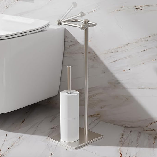 RUACQ Toilet Paper Holder Stand, Bathroom Toilet Paper roll Holder Free Standing with Storage for 4 Rolls, Post Pivoting Design, Stable Weighted Base, SUS304 Stainless Steel (Brushed Nickel)
