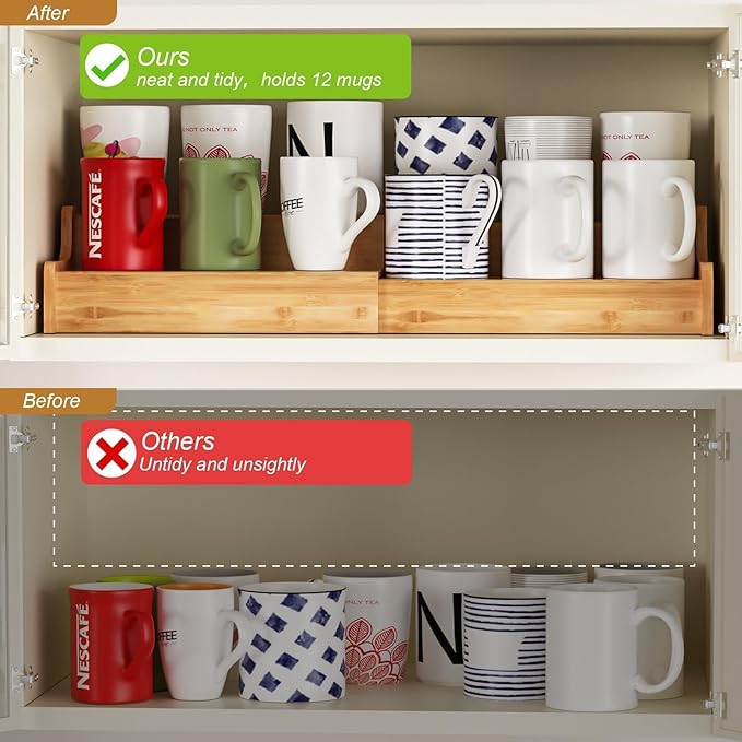 2-Tier Expandable Coffee Mug Holder, Mug Organizer for Kitchen Cabinets, Bamboo Mug Cup Rack, Multi-Functional Cup Holder Shelf, Coffee Bar Organizer, Home