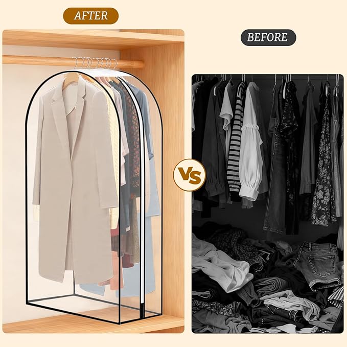 40" Long Clear Garment Bag for Hanging Clothes with Zippers, 10" Gusseted Hanging Plastic Clothes Cover for Suit, Coat, Dress, Shirt