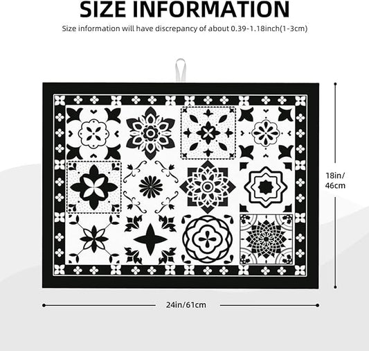 Retro Black Pattern Dish Drying Mat 18x24 For Kitchen Counter Absorbent Microfiber Dishes Pad Dish Drainer Rack Mats Fast Dry Kitchen Accessories