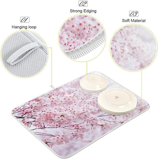 ZzWwR Romantic Pink Cherry Blossoms Absorbent Dish Drying Mat Microfiber Kitchen Countertop Table Protector Multipurpose Counter Rack Sink Drainer Pad (16” x 18”)