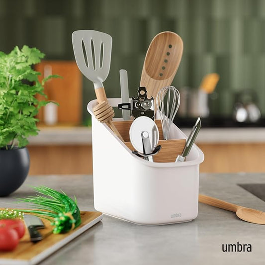 Umbra Bellwood Utensil Holder Kitchen Storage Organizer with Removeable Dividers, White/Natural