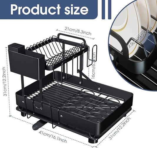 YEYPOP Dish Drying Rack for Kitchen Counter, Stainless Steel 2 Tier Dish Rack w Drainboard, Foldable 360° Rotatable & Expandable Drainer, Space-Saving Dish Strainers for Kitchenware
