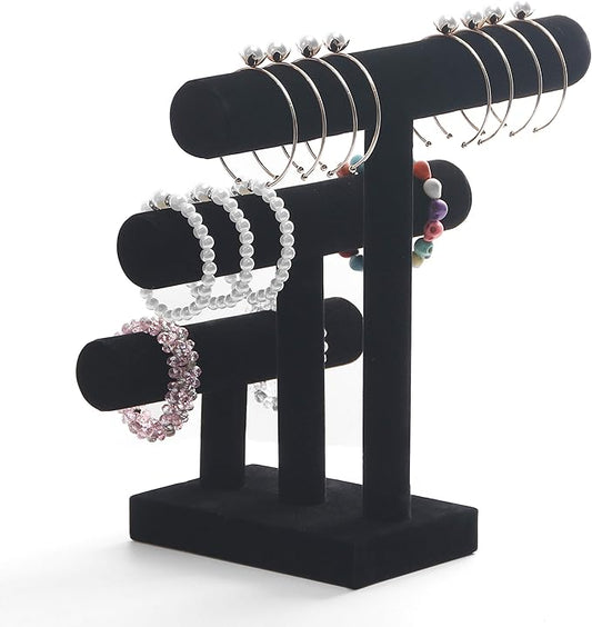 Wuligirl 3 Tier Bracelet Holder T-Bar Jewelry Stand Velvet Jewelry Holder Jewelry Display Bangle Organizer Storage Holder Velvet Black (3T Bar)