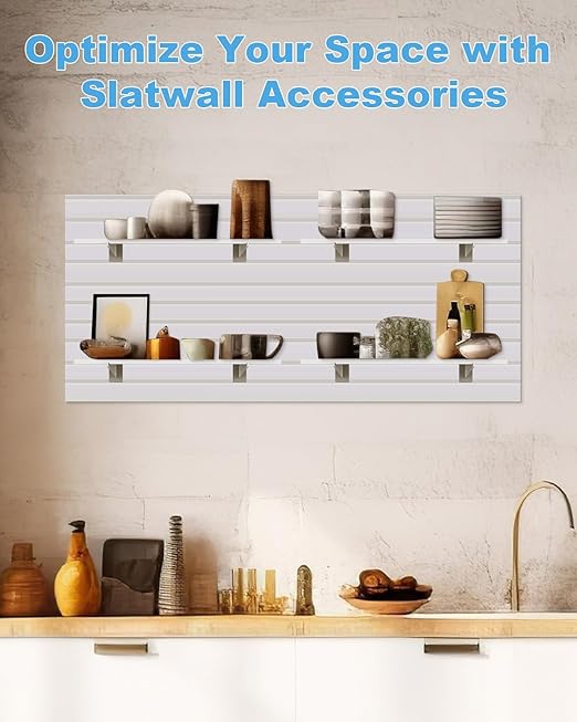 MUZIK 6PCS Slatwall Shelf Brackets, 12" White Metal, Heavy Duty, Wall Mount, Set of 6