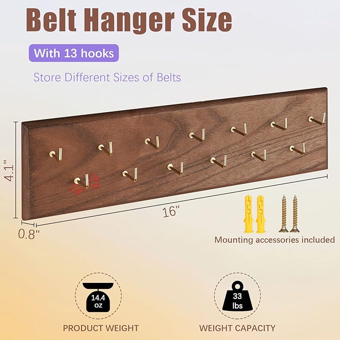 Creproly Belt Organizer - Wall Mounted Hanger for Closet, Holds Over 28 Belts - Wooden Rack with Tie and Scarf Storage (Brown)