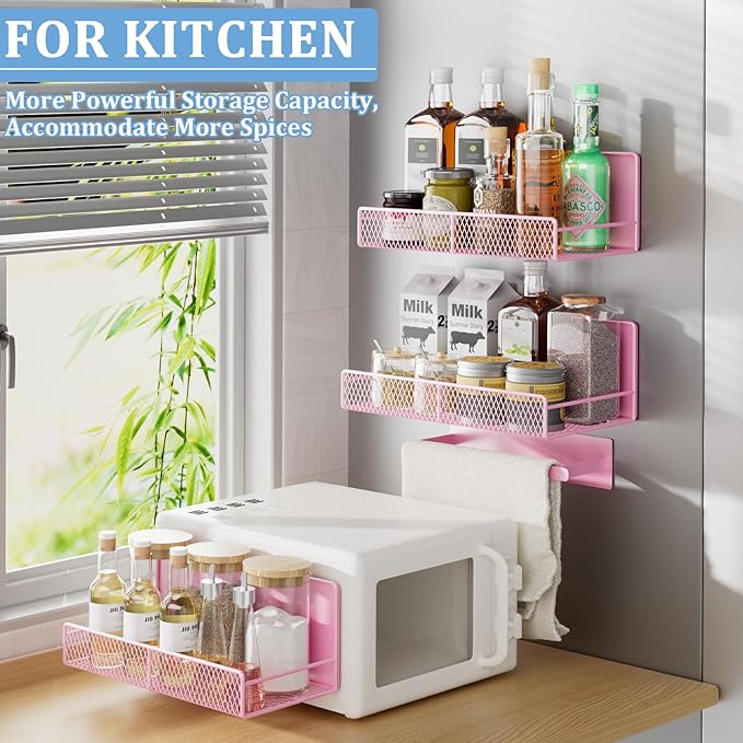 Magnetic Shelf for Washing Machine 4-Pack: Widen Magnetic Laundry Organizer (5"-6") with Hanger Organizer, Strong Magnet, Rust Proof, Heavy Duty Magnetic Spice Rack for Refrigerator (Pink)