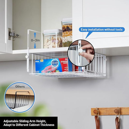 2 Pack Hanging Under Shelf Storage Basket,Adjustable Under Cabinet Add-on Storage Racks Slide-in Baskets Organizer for Laundry Room Kitchen Pantry Desk Bookshelf, White