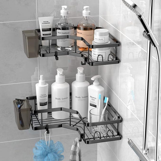AKTECKE Corner Shower Caddy, 2 Pack Adhesive Shower Corner Organizer Shelves, No Drilling Stainless Steel Shower Storage Rack with Hooks&Toothpaste Holder for Bathroom Kitchen (for 90° Corners Only)