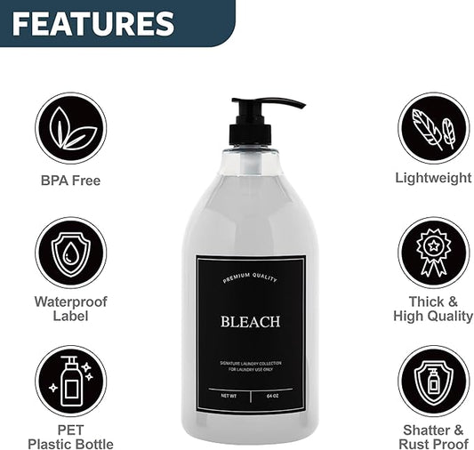 Calindiana Modern Farmhouse Bleach Liquid Laundry Detergent Dispenser for Laundry Room Decor and Organization, PET Plastic Landry Soap Containers with Water Resistant Label, Clear 64oz