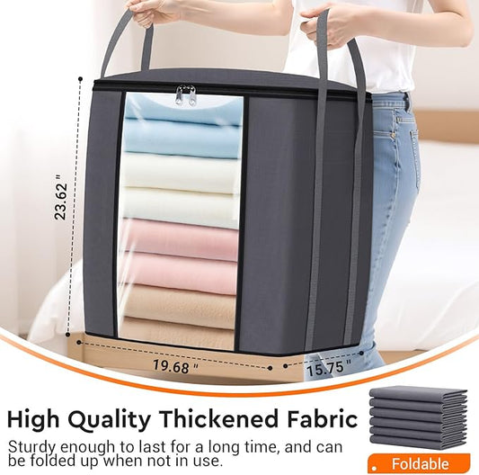 TasticTotes 120L Extra Large Clothes Storage Bags, Foldable Blanket Storage and Organization, Thick Fabric Containers with Reinforced Handles & Zippers for Clothing, Comforters, Bedding, Gray, 4 Pack