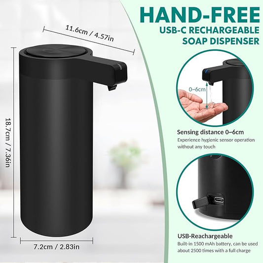 Mamiddle Automatic Soap Dispenser Stainless Steel with Sensor Infrared 9 oz. Soap Dispenser Electric IPX5 Waterproof USB-C Charging Motion Sensor for Kitchen & Bathroom (Black)
