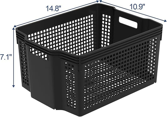 12 Pack Large Plastic Storage Baskets Bins, Multi-Purpose Organizer Weave Basket for Shelves, Closets, Offices (Black)