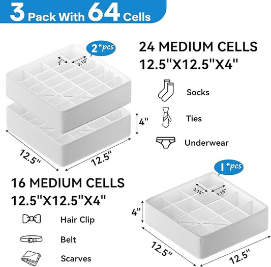 Classical Leather Sock Underwear Drawer Organizer clothes, Closet Dividers,64 Cell (16+24+24) Foldable Leather Storage Box for Panties, Ties, Accessories(3 Pack)