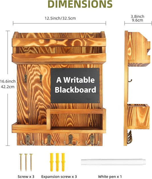 Large Key and Mail Holder Wall Mount, 12.5x16.5 Inch Solid Wood Key Racks for Entryway, Front Door, Hallway, Wall Organizer (Burnt Brown)