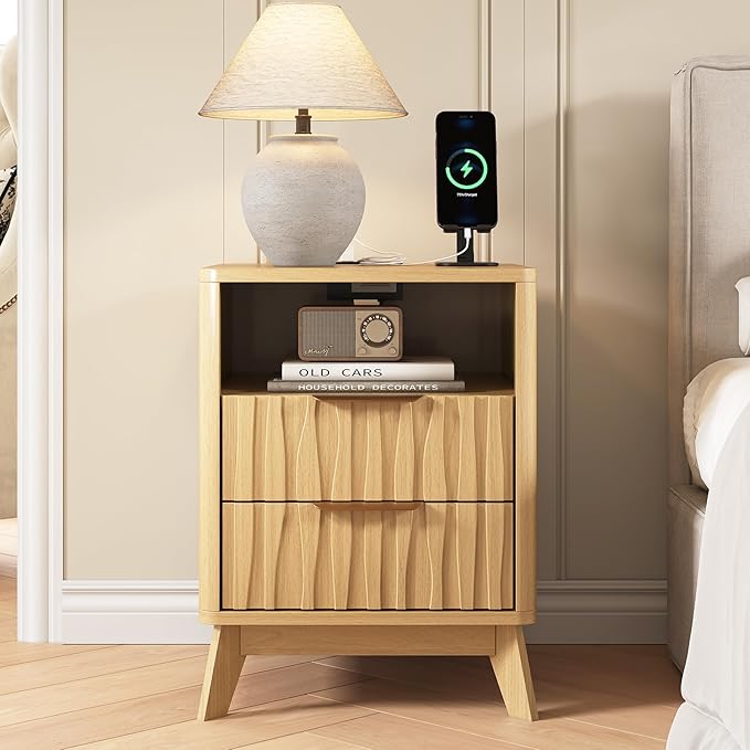 HOTAMO Nightstand Set of 2 with Charging Station,Night Stand with 2 Wave-Patterned Panel Drawer and Open Shelf,Modern Bedside Table for Bedroom,Living Room,Oak End Table