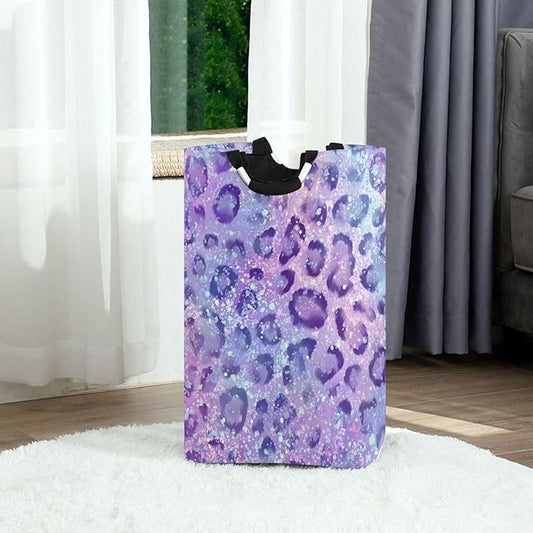 Laundry Hamper Basket Glitter Leopard Purple Storage Basket Collapsible Clothes Hamper with Handle Decorative Blanket Basket for Laundry Room Decor Bedroom Dorm
