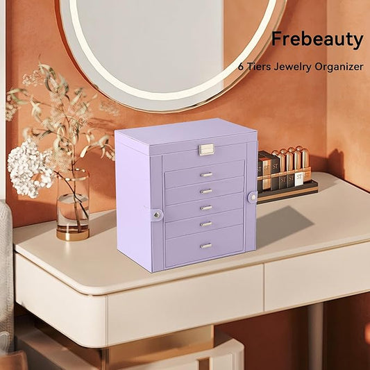 Frebeauty Large Jewelry Box,6-Tier PU Leather Jewelry Organizer,Multi-functional Storage Case with Mirror,Accessories Holder with 5 Drawers for Necklace Bracelets Watches(Purple)