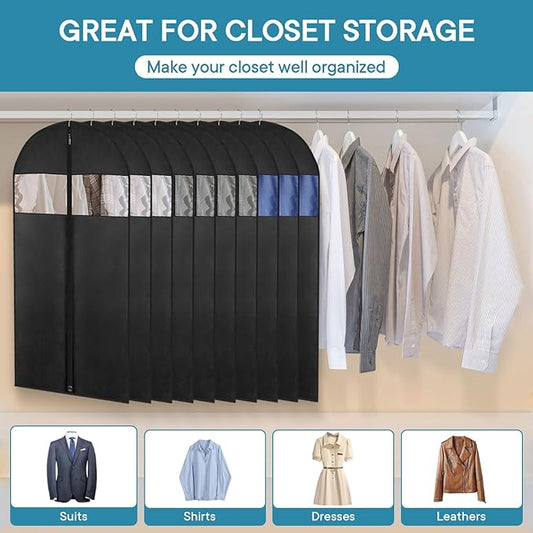 43" Suit Bags for Closet Storage and Travel, Garment Bags for Hanging Clothes, Suit Garment Bag for Men, Black Suit Cover Bags with Clear Window for Coats, Jackets, Shirts(10 Packs)