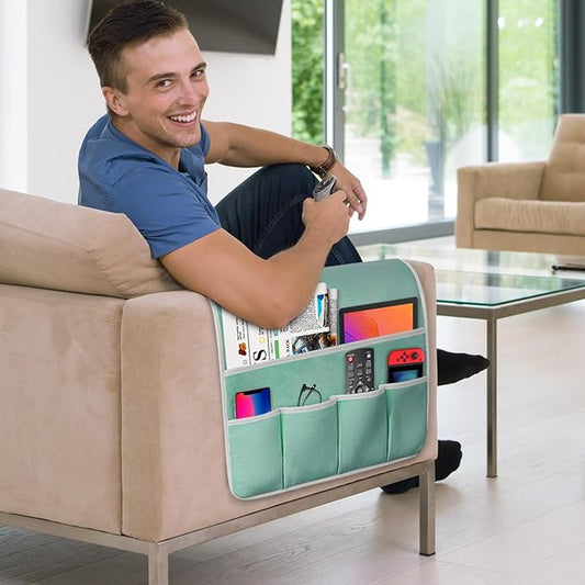 Remote Control Holder for Armchair Caddy, Couch TV Remote Holder for Bed Storage 5 Pockets,Remote Caddy Bedside Organizer Bedside Table Organizer (MintGreen, 35''x18'')