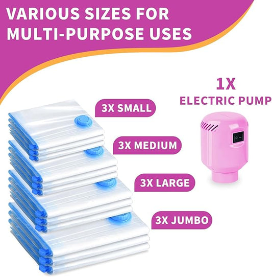 B365 Vacuum Storage Bags with Electric Pump, 12 Pack (3 Jumbo, 3 Large, 3 Medium, 3 Small) Vacuum Seal Bags for Clothes, Bedding, Mattress, Blankets, Travel