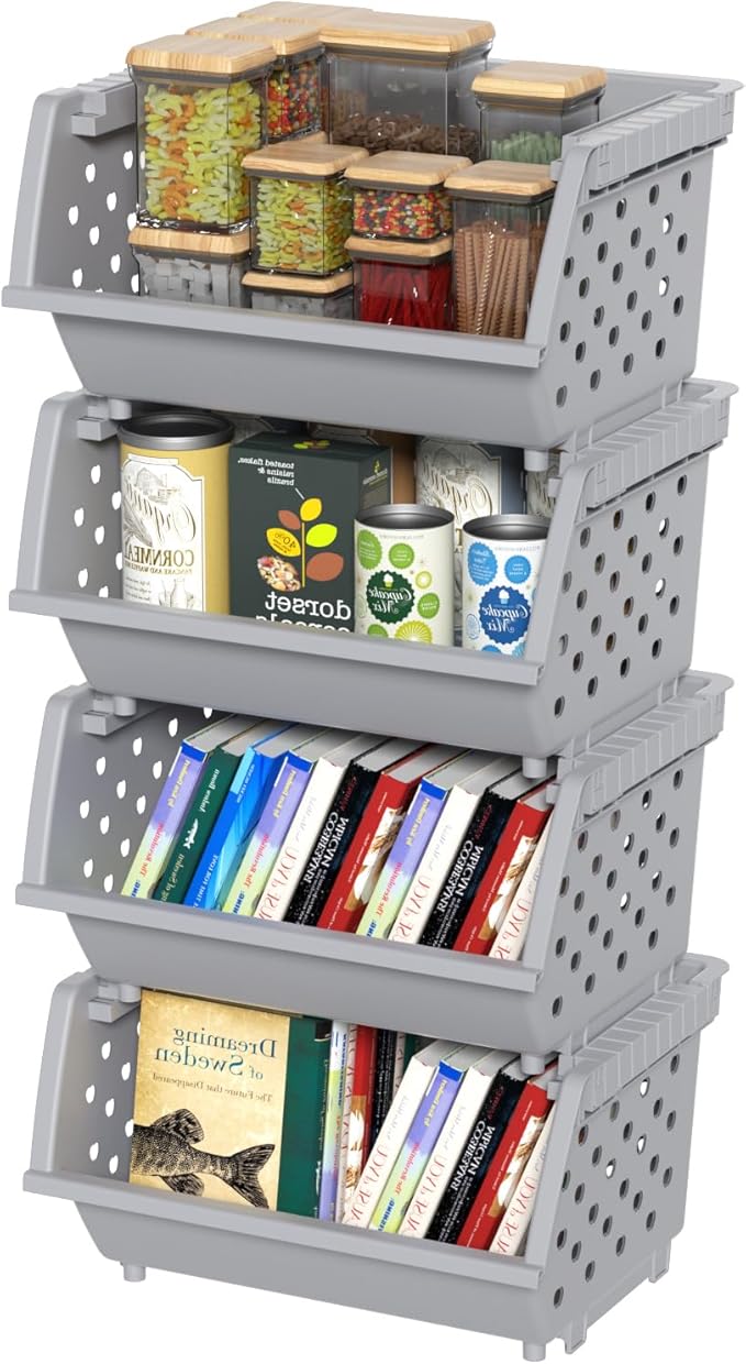 4 Packs Plastic Stackable Storage Bins, Large Stacking Storage Baskets, Gray