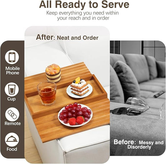 Couch Arm Tray, Bamboo Sofa Tray Table for Couch, Sofa Armrest Table, Anti-Slip Armrest Organizer, Foldable Couch Cup Holder for Snacks, Phone, Control, Cups, Light Brown