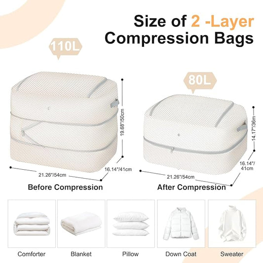 Easortm Comforter Storage Bag - 110L Large Capacity Blanket Storage Bags 2-Layer Ultra Space Saving Self Compression Organizer, Washable Compression Bags for Storage Comforter Blanket, 4-Pack, Beige