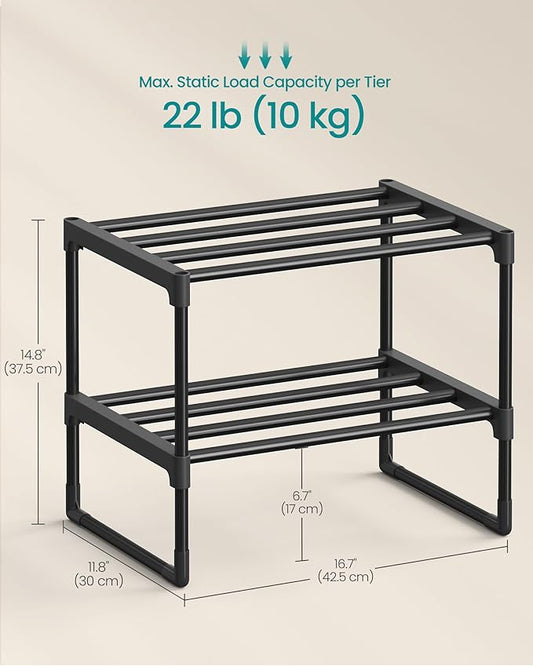 SONGMICS Shoe Rack, 2-Tier Shoe Organizer, Metal Storage Shelf, Upright or Upside Down, for 3-6 Pairs, Stackable, for Entryway, 11.8 x 16.7 x 14.8 Inches, Black ULSA002B01