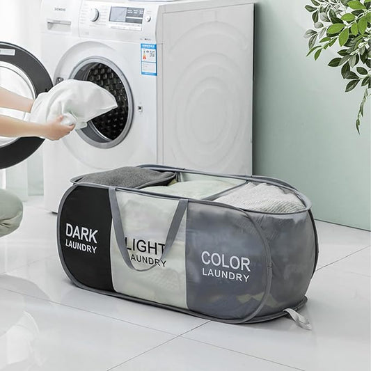 TECHMILLY Collapsible Laundry Basket Durable Pop Up Hamper with 2 Compartments for Sort and Storage, Portable Dirty Clothes Hamper for Dorm, Laundry Room or Travel (Black + Grey + Begie)