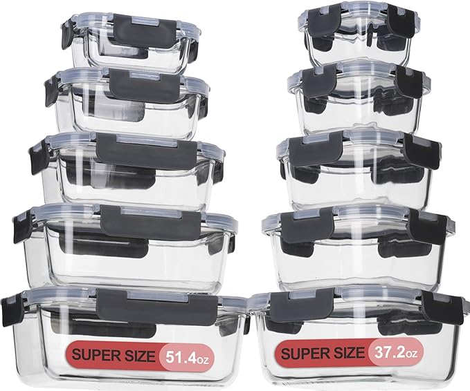 coccot Glass Food Storage Containers with Lids Airtight, Glass Meal Prep Containers for Lunch Food, Container Set, Easy to Open& Close/Microwave,Oven,Freezer,Dishwasher Safe/Leak-Proof(20 Pieces)