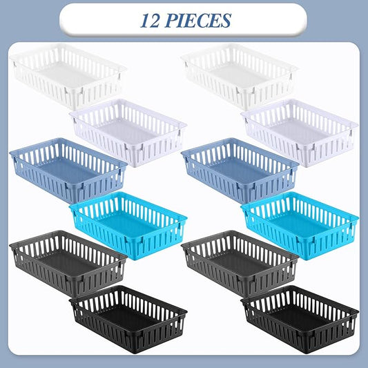 Wenqik Set of 12 Plastic Baskets for Organizing 10.24 x 6.5 x 2.36 Inch Rectangular Trays Plastic Organizer Bins Rectangle for Desk Organization (Multi Color)