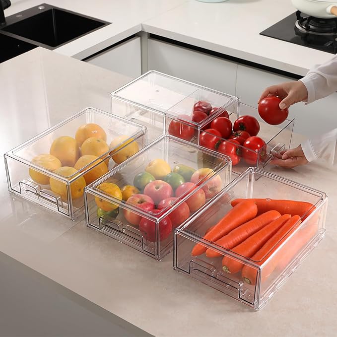 Taiuloo 2 Pack Stackable Refrigerator Organizer Bins with Pull-Out Drawer, Clear BPA-Free Food Storage Containers for Fridge Freezer, Kitchen Pantry Cabinet & Bathroom Vanity Organization