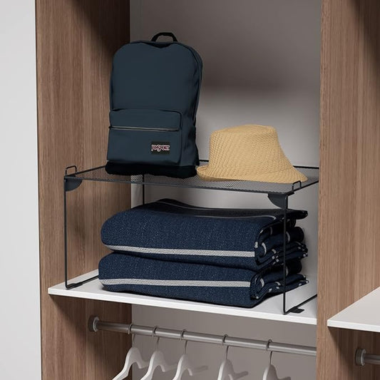 Neudeco Stackable Cabinet Shelf Organizer - 2 Pack Metal Mesh Stacking Shelves for Kitchen, Closet, Bathroom, Countertop and Cabinet -Gray