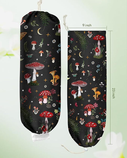 Plastic Bag Holder Organizer - 1 Pack Reusable Canvas Grocery Bags Holder Hanging Wall Cute Aesthetic Shopping Bag Storage Dispenser with Drawstring Closure for Kitchen Home, Mushroom