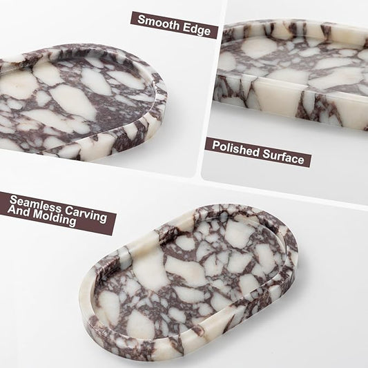 Natural Calacatta Viola Marble Tray 10"x6" - Non-Resin Bathroom Vanity Organizer & Kitchen Decor | Waterproof Oval Stone Serving Dish (Purple Portoro)