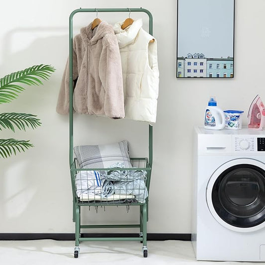 ALIMORDEN Laundry Cart with Clothes Rack, Rolling Laundry Butler with Wire Storage Rack,Green