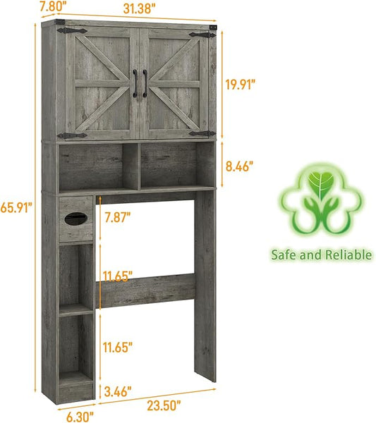 Vabches Over The Toilet Storage Cabinet, Farmhouse Storage Cabinet Over Toilet with 2 Barn Doors & Toilet Paper Holder Stand,Home Space-Saving Toilet Rack, for Laundry, Bathroom, Restroom.Grey Oak