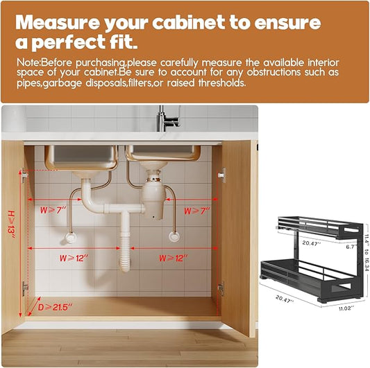 2-Pack 20.47"Deep Under Sink Organizer And Storage,2-Tier L-Shaped Pull Out Cabinet Organizer with Upgraded Slide Rails,Height Adjustable Drawers for Kitchen&Bathroom,Extra-Large Storage Shelves–Black