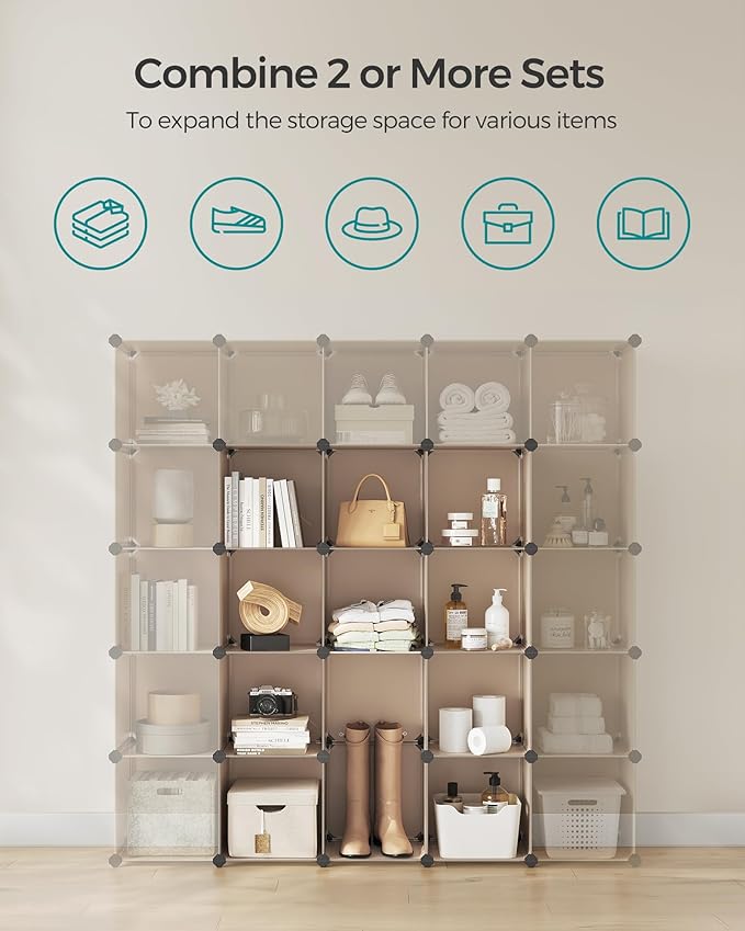 SONGMICS Cube Storage Organizer, Set of 16 Plastic Cubes, Book Shelf, Closet Organizers and Storage, Room Organization, Bedroom Living Room, 12.2 x 48.4 x 48.4 Inches, Camel Brown ULPC442K01