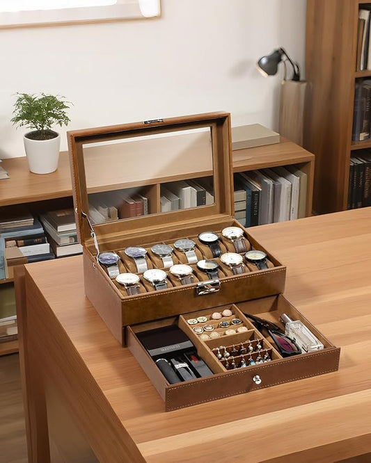 Uten 12-Slot Watch Box, 2-Layers PU Leather Watch Case with Glass Lid, Watch Holder Organizer with Soft Pillow and Velvet Lining, Watch and Jewelry Storage Box, Brown