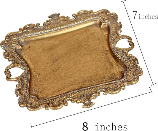 Funly mee Antique Trinket Dish Vintage Metal Jewelry Tray, Wedding Ring & Necklace Holder -8 x 7 inches (Gold, M)