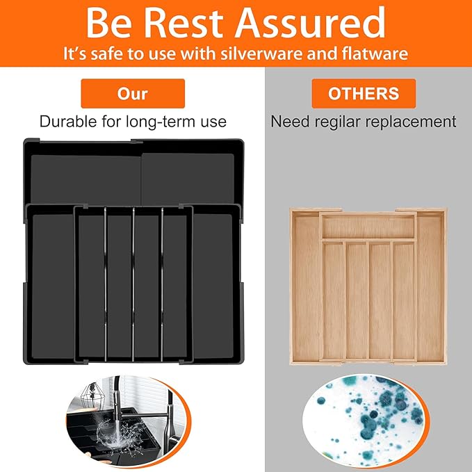 Silverware Organizer - Expandable Utensil Drawer Organizer, Adjustable Silverware Drawer Organizer, Plastic Kitchen Drawer Organizer for Forks, Knives, Kitchen Organizer Dividers, Black
