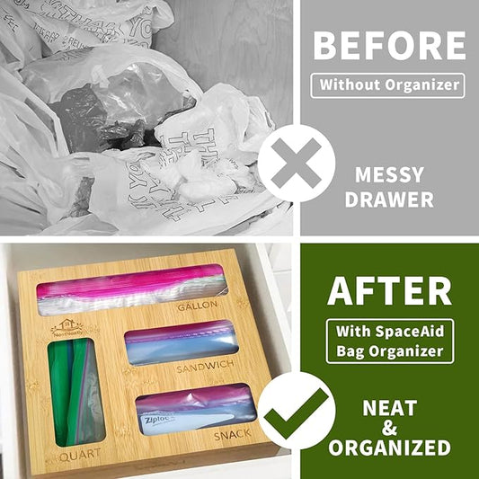 Bamboo Bag Storage Organizer for Kitchen Drawer – Expandable Drawer Organizer Compatible with Gallon, Quart, Sandwich, and Snack Bags – Versatile Storage Solution for Plastic Bags