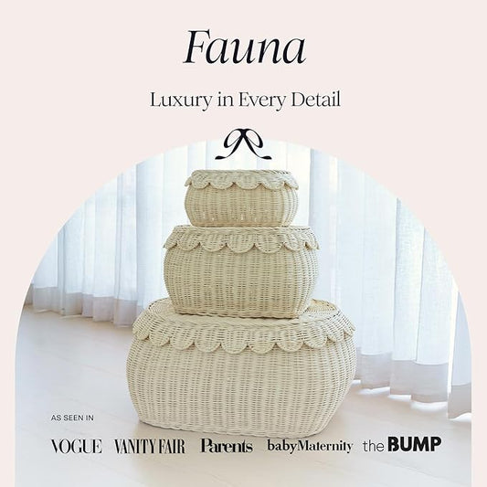 BEBE BASK Large Scalloped Basket Set Of 3 - Hand-Woven & Award-Winning Scallop Basket - XL - Extra Large for Blankets 22 x 16 x 10 In - Elegant Wicker With Scalloped Edge Lid (Natural)