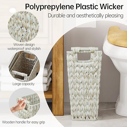 Endymion Wicker Trash Can,Large Narrow Woven Trash Can with Wooden Handles,Boho Decorative Waste Basket for Bathroom,Bedroom,Office,5 Gallon,White